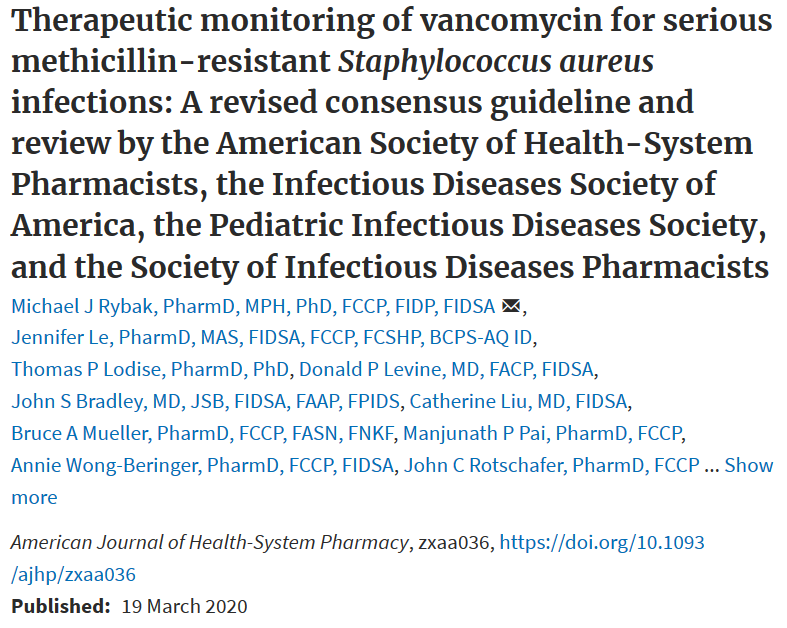 New update on #Vancomycin Guidelines 2020.
The last one was on 2009.
<a href="/ASHPOfficial/">ASHP</a> 
<a href="/IDSAInfo/">IDSA</a>  
<a href="/SIDPharm/">SIDP</a> 

The full Guideline: doi.org/10.1093/ajhp/z…