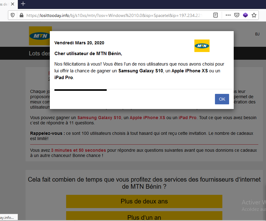FawazSylvestre's tweet photo. 🚨 #Cybersécurité 🚨
Si vous tombez sur cette fenêtre dans votre navigateur, passez votre chemin. @MTNBenin n'offre rien du tout. C'est un leurre pour ne pas dire une #arnaque un peu rodée. Prière passer un petit coup d'#antivirus bien à jour. #MalwareByte fait bien l'affaire. https://t.co/PwZuL95aZp