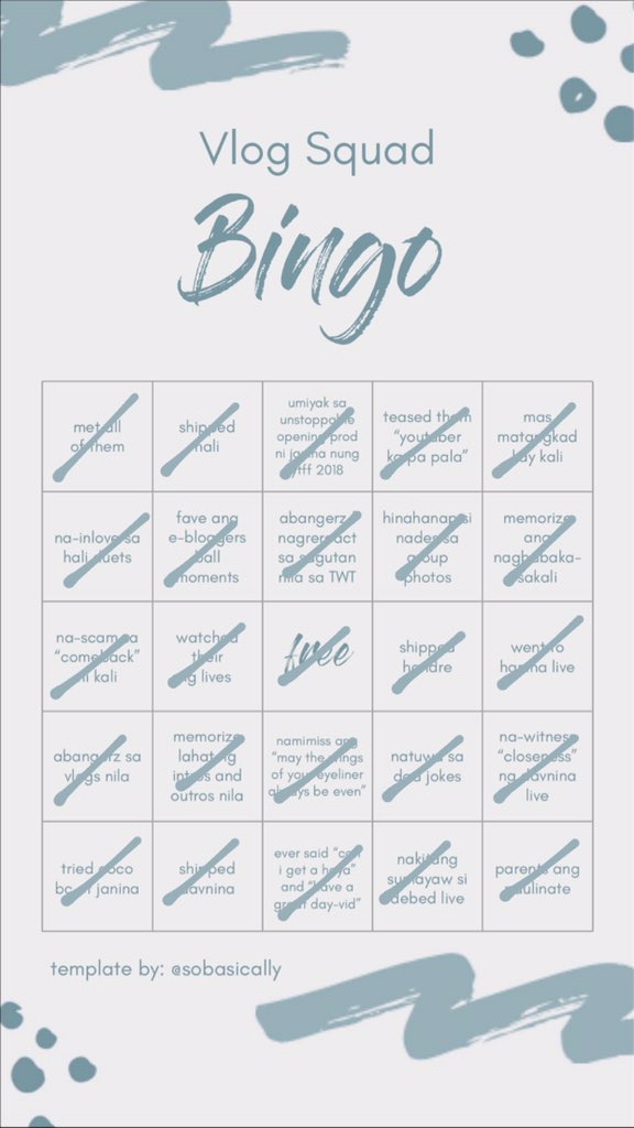 sobasicaIIy's tweet photo. I made a Vlog Squad Bingo template! This brings a lot of memories huhu ((mas ship ko handre pero kakilig kasi hali hay 🤧))

Blackout ulit!! Feel free to answer it hehe ❤️ https://t.co/ZhViSt9z0n