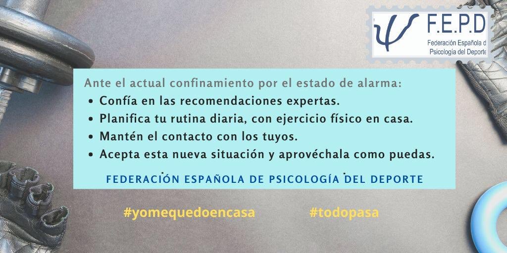 fepsicodep's tweet photo. Recuerda:
-Confía en las autoridades expertas.
- Planifica tu rutina diaria, con ejercicio físico en casa.
-Mantén el contacto con los tuyos.
- Acepta esta nueva situación y aprovéchala como puedas.
#YoMeQuedoEnCasa #todopasa https://t.co/yTfmwbs4bV