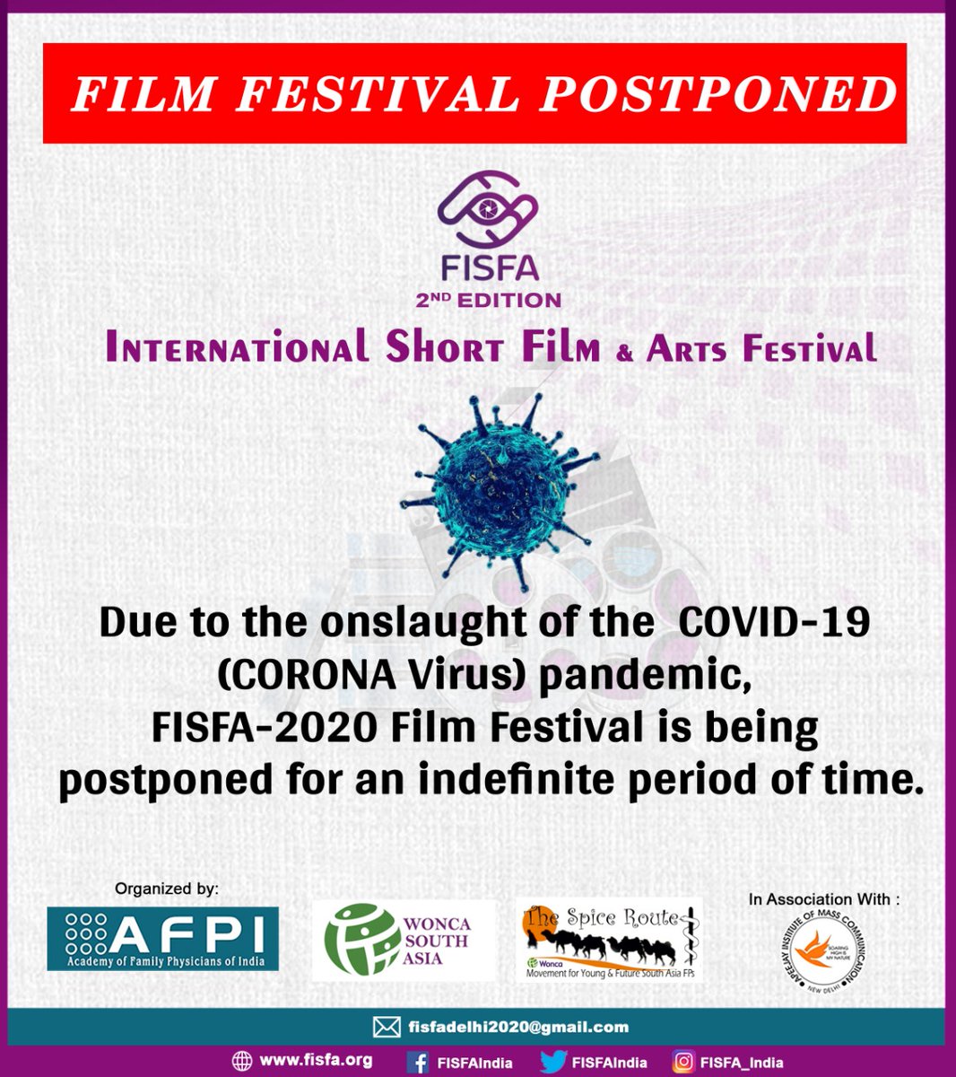 beatoflifeent's tweet photo. Film Festival Postponed
#FISFA #Postponed #InternationalShortFilmandArtsFestival #FISFA2020 #FilmFestival #InternationalFilmFestival #InternationalShortFilmFestival #COVID19
#CORONAVirus #beatoflife #beat #life #entertainment
#beatoflifeentertainment #BLE https://t.co/lE4EgG4jNO