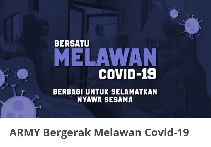 Armycare_id's tweet photo. ARMY Bergerak Melawan Covid-19 

Project penggalangan dana untuk membantu Indonesia melawan covid-19.

Bagaimana cara berpartisipasi dalam project? Silahkan klik link
https://t.co/rwE9lcK00e

#BTSARMY #IndonesiaLawanCorona https://t.co/9NMU29tA8v