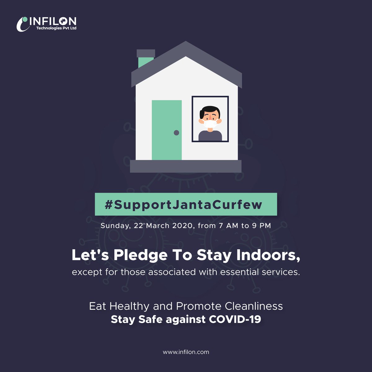 infilon's tweet photo. #SupportJantaCurfew
Let's Pledge To Stay Indoors, except for those associated with essential services.
Stay Safe against #COVID19!
#StayIndoors #Infilon #CovidIndia #InfilonTechnologies #IndiaFightsCorona #CoronaSafety #DontPanic #StayHome #CoronaVirus #CoronaVirusIndia https://t.co/RCMAjmO9U3