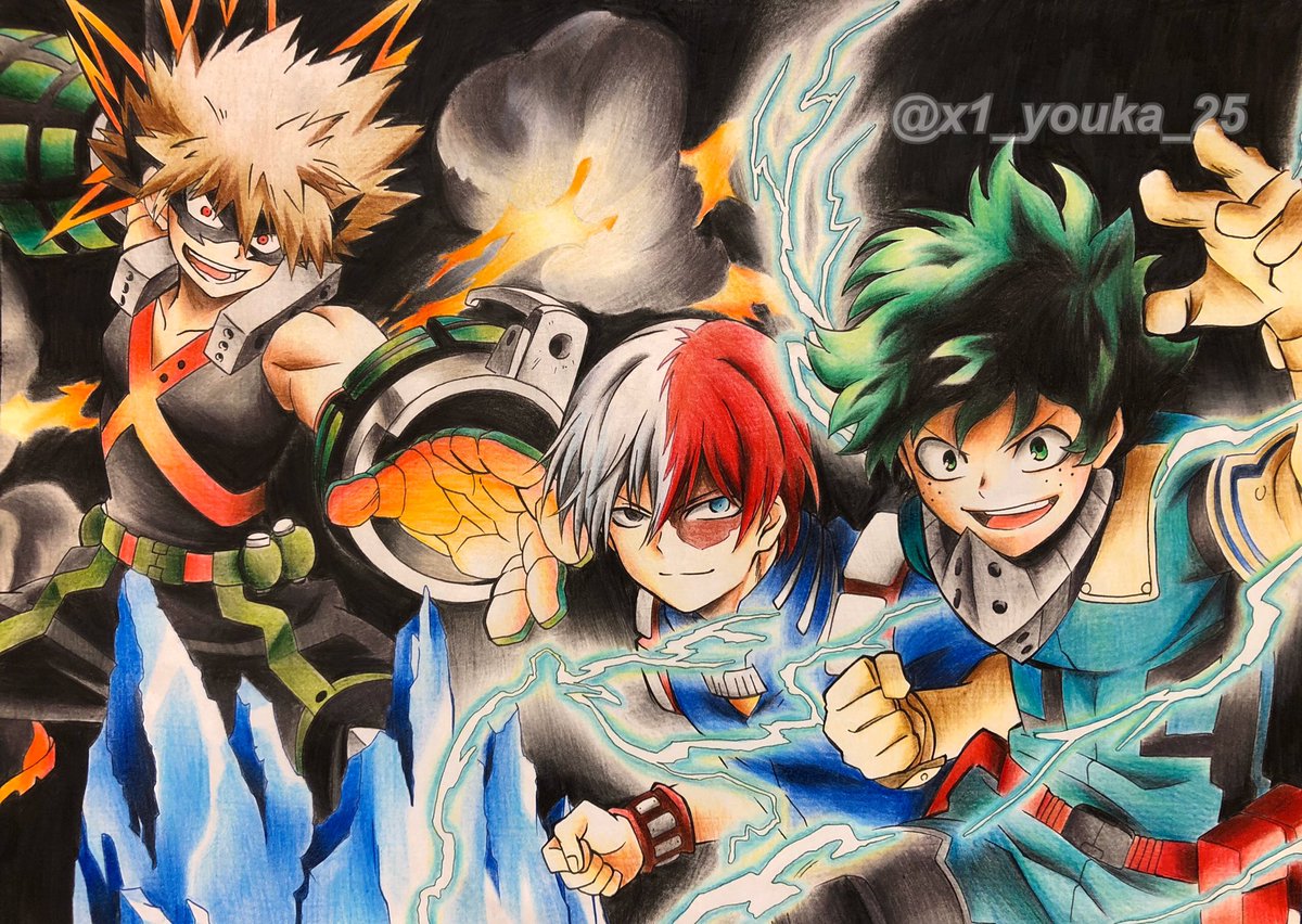 爆豪勝己 ,緑谷出久 ,轟焦凍 「色鉛筆でヒロアカを描きまし