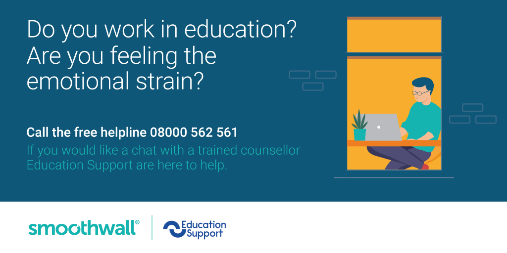 Smoothwall's tweet photo. Smoothwall has teamed up with charity @EdSupportUK to promote their free resources and counselling helpline. Available to anyone working in Education in England, Scotland and Wales. If, during this crisis, you need someone to talk to, they are waiting to help. Please share! https://t.co/okyTugAysx