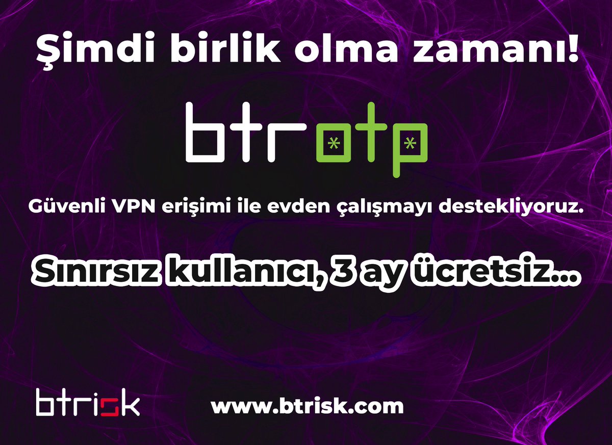 Evden çalışma sürecinde siber güvenliğinize BTRisk'ten katkı
3 aylık ücretsiz BTROTP lisansı için başvurun
btrisk.com/btrotp/
#CyberSecurity #EvdeKal #coronavirus