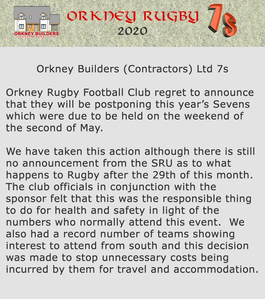 OrkneyRFC's tweet photo. 2020 Rugby Sevens Postponed https://t.co/GfuBPPLeLR