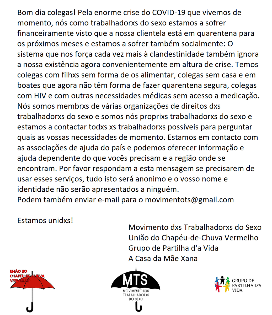 MovimentoTS's tweet photo. Comunicado para todxs xs trabalhadorxs do sexo em Portugal sobre a situação atual e o que podemos fazer para ajudar // Message to all the sex workers in Portugal about the current situation and what we can do to help. https://t.co/fdT1B4lLMP