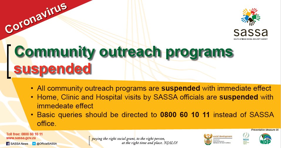 OfficialSASSA's tweet photo. SASSA Outreach programmes suspended #SASSACARES #Covid_19 #Covid19SA #CoronaVirusUpdate @The_DSD @GCISMedia @GovernmentZA https://t.co/4yBlg5zbmk