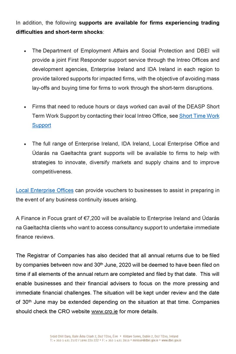 cro_ie's tweet photo. Changes to the CRO deadlines are part of a suite of measures as announced by @HHumphreysFG.  Details of all the measures will issue by email to all companies over the coming days.

@merrionstreet @EnterInnov 

#COVID19Ireland #Coronavirus https://t.co/f3UedyfyJA