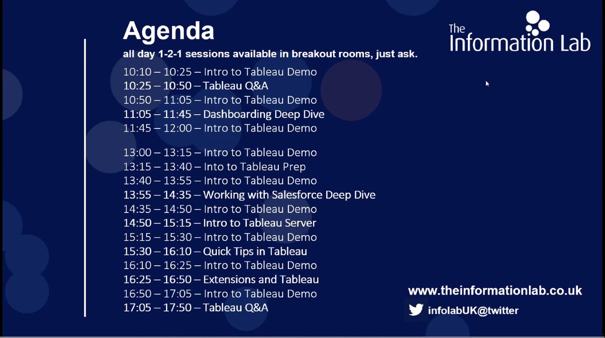 We're online all day running multiple sessions at the London's Call Salesforce Community Event: londonscalling.net

Come join The Information Lab at these times if any sessions take your fancy or you want to find out more!

radnip.typeform.com/to/GkJTfv?spon… #LC20 #tableau #salesforce
