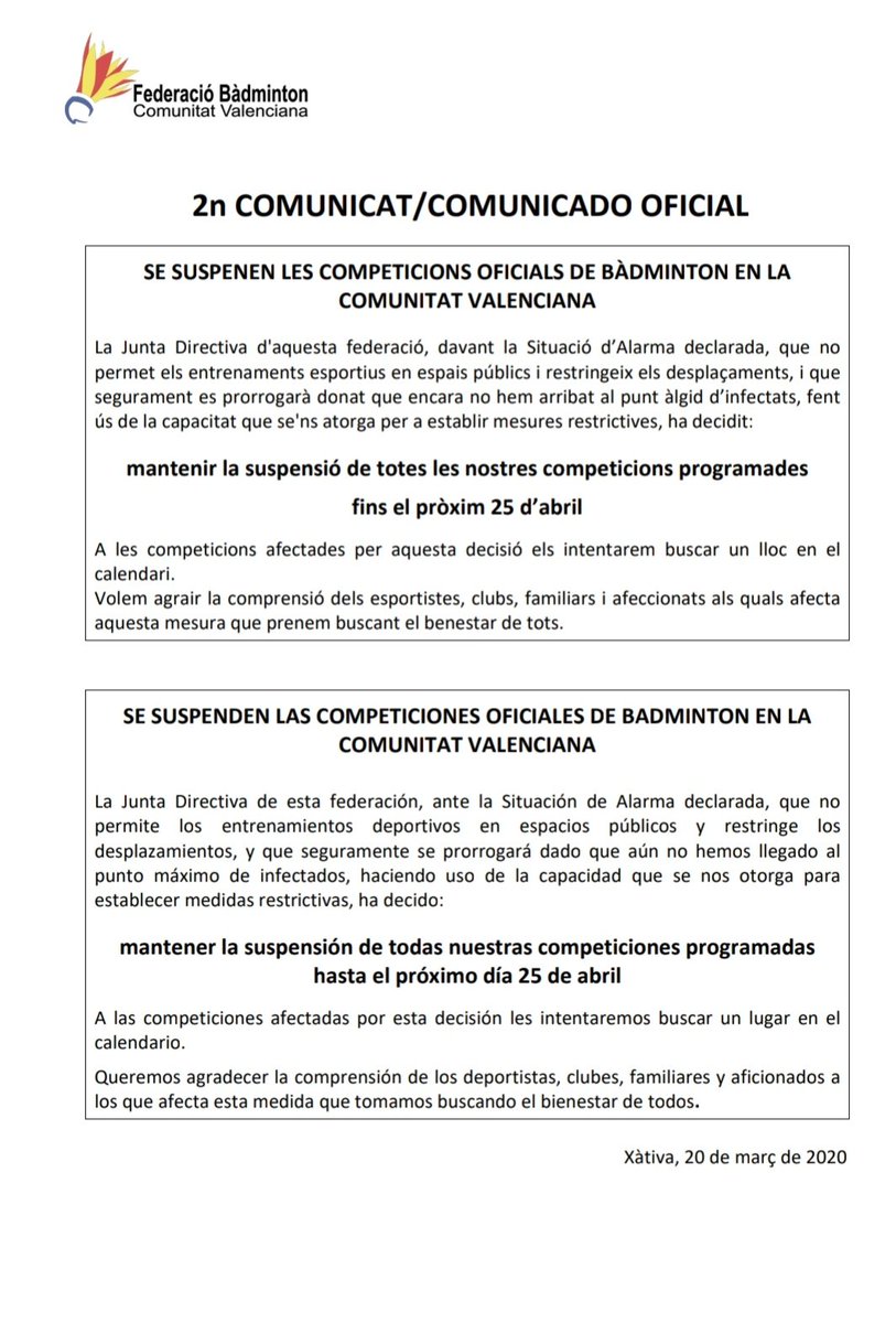 Nuevo comunicado de suspensión actividades hasta el 25 abril...🏸🏸🏸 <a href="/FDMValencia/">FDM Deporte València</a> <a href="/Masquepluscom/">+qplus</a> <a href="/powerbadminton/">Power Bádminton</a>