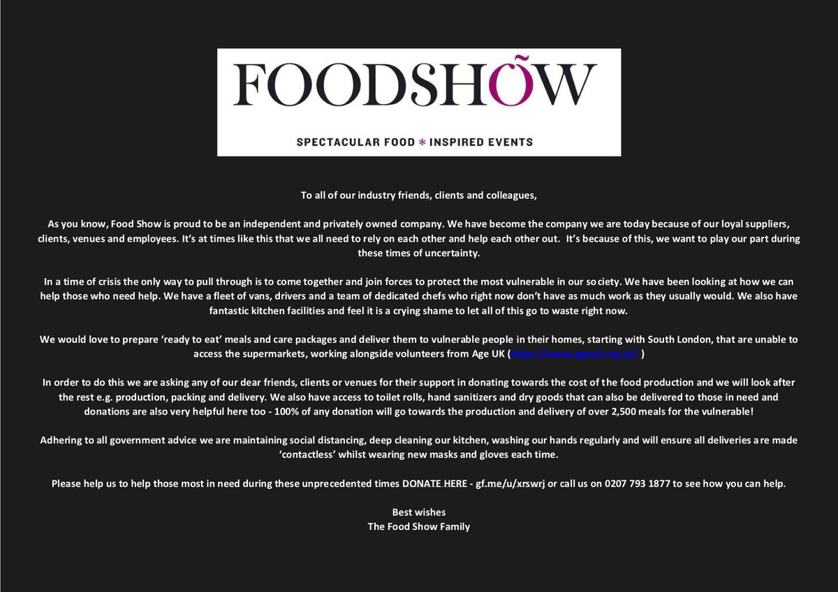 FoodShow_ltd's tweet photo. Please help us to help those most in need during these unprecedented times

DONATE HERE - https://t.co/epN9x95dNi or call us on 0207 793 1877 to see how you can help.

Best wishes
The Food Show Family https://t.co/r2tfMAfzx3