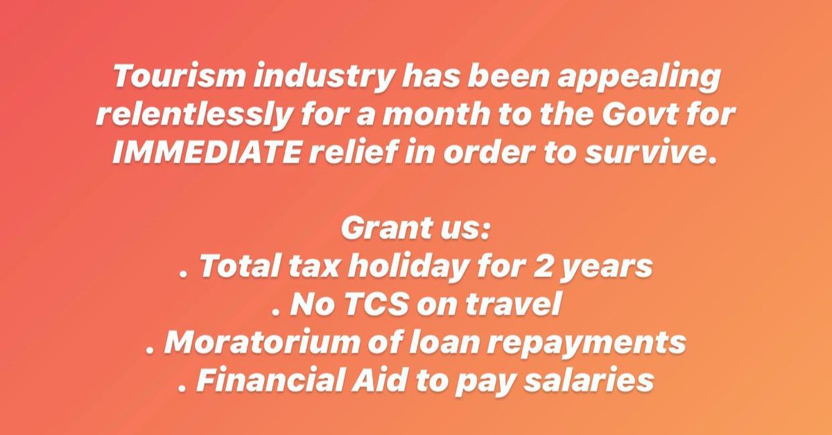 GuravSampada's tweet photo. #BailoutTourismTourism Industry in Crisis!     #BailoutTourism &amp; #savetravelindustry @tourismgoi @nsitharaman @Anurag_Office @pspoffice @DasShaktikanta @sanjeevsanyal @amitabhk87 @OfficeOfNG @PiyushGoyal @rsprasad @minmsme @derekobrienmp @supriya_sule @DrJitendraSingh @cbic_india https://t.co/RNopTTz4S1