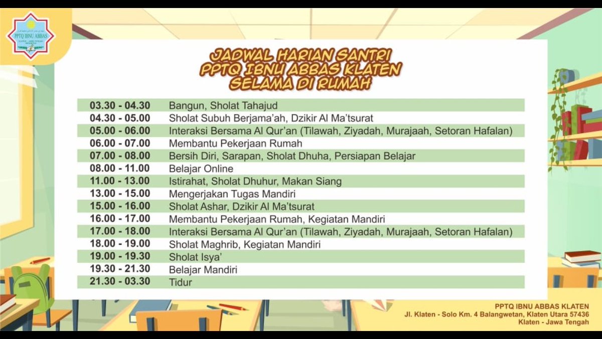 ibnuabbasklaten's tweet photo. JADWAL HARIAN SANTRI
PPTQ IBNU ABBAS KLATEN
SELAMA DI RUMAH
#ibnuabbasklaten #ibaska #smpitibaska #smaitibaska #kmiibaska #kuttabibaska #mahadalyibaska #psb #psbibaska #psbibnuabbasklaten #bertabur #bintang #prestasi #bertaburbintang #santriasyik #yukmondok #santri https://t.co/GzR0Ng6Xuh
