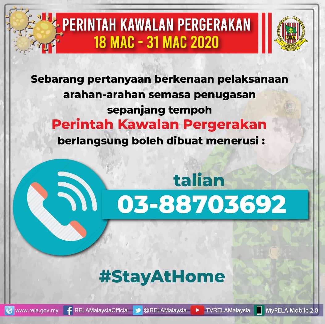 SOALAN LAZIM (FAQ's)
JABATAN SUKARELAWAN MALAYSIA (RELA)
PERINTAH KAWALAN PERGERAKAN 18-31 MAC 2020
#StayAtHome
#malaysiacovid19
#SetiaBerbakti
<a href="/KDNPUTRAJAYA/">KDN🇲🇾</a> 
<a href="/jpmgov_/">Jabatan Perdana Menteri</a>