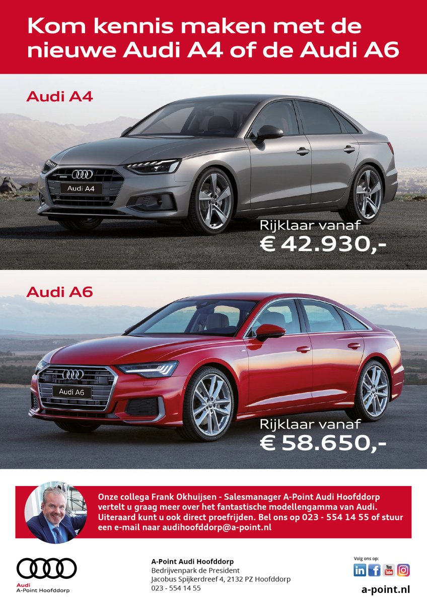 Kennis maken met de nieuwe Audi A4 of de Audi A6? 
Dat kan bij A-Point Audi Hoofddorp. Frank Okhuijsen vertelt u graag meer over het fantastische modellengamma van Audi.
#Audi #audiA4 #audiA6 #onderenemers #zakelijkmagazine