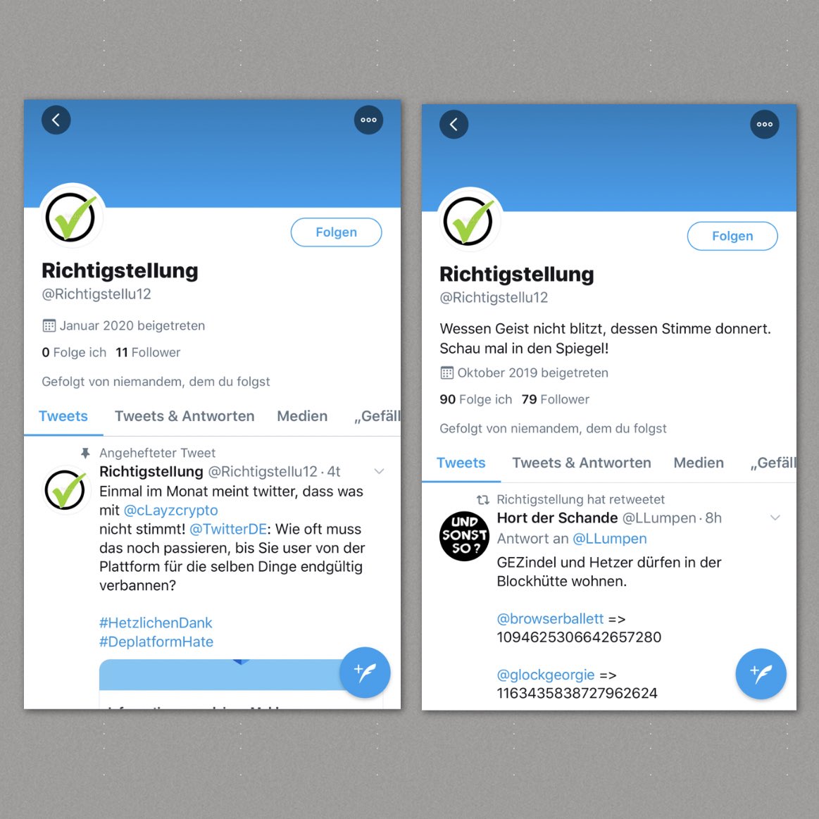 Mica4711's tweet photo. Am rechten Rand will man Twitter genauso sabotieren wie die freiheitlich-demokratische Grundordnung insgesamt. Accounts wie @RichtigsteIIu12 und @Richtigstellu12 wurden nur eingerichtet, um die Twitter-Regeln auszuhebeln. #ReportTheMob! https://t.co/YIlUmO5qwr