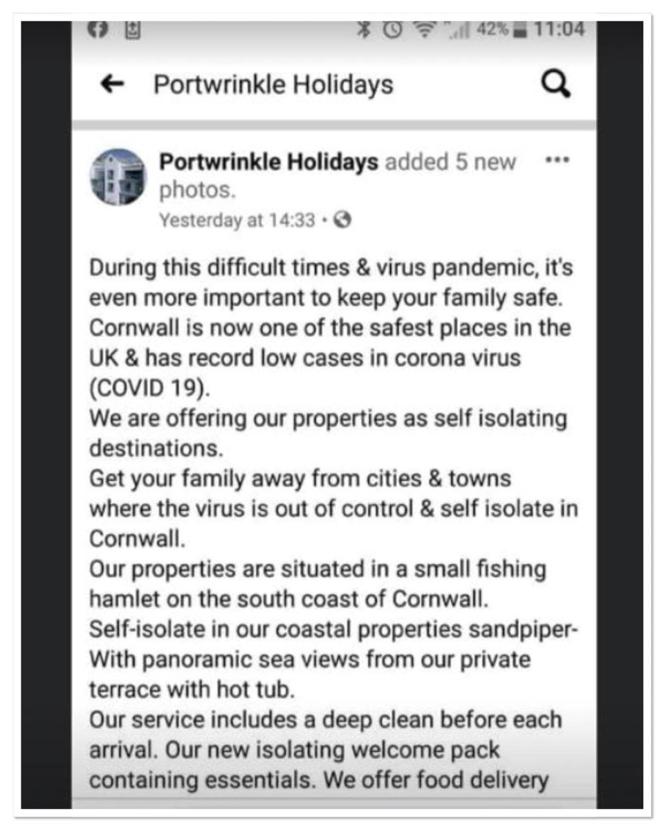 stovesincoves's tweet photo. @BBCVickiYoung companies R irresponsibly advertising Cornwall as  an “isolation destination”. When Madrid went on lock down they all fled to 2nd homes on the coast &amp; spread it around the country. Same thing will happen here. Ask PM to address domestic travel https://t.co/9SarYFu0nL