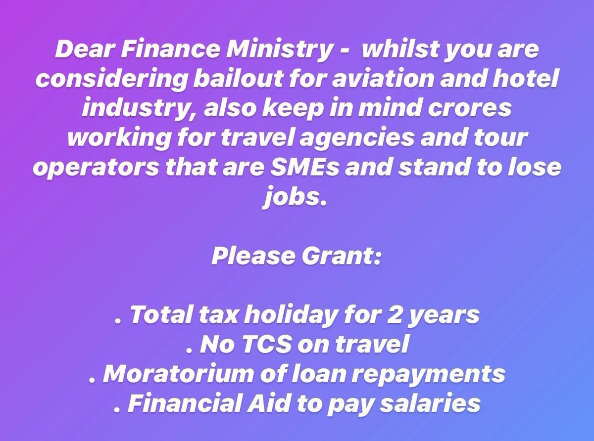 Tourism Industry in Crisis! 

#BailoutTourism &amp; #savetravelindustry <a href="/tourismgoi/">Ministry of Tourism</a> <a href="/nsitharaman/">Nirmala Sitharaman</a> <a href="/Anurag_Office/">Office of Mr. Anurag Thakur</a> <a href="/pspoffice/">Office of Shri Prahlad Singh Patel</a> <a href="/DasShaktikanta/">Shaktikanta Das</a> <a href="/sanjeevsanyal/">Sanjeev Sanyal</a> <a href="/amitabhk87/">Amitabh Kant</a> <a href="/OfficeOfNG/">Office Of Nitin Gadkari</a> <a href="/PiyushGoyal/">Piyush Goyal</a> <a href="/rsprasad/">Ravi Shankar Prasad</a> <a href="/minmsme/">Ministry of MSME</a> <a href="/derekobrienmp/">Derek O'Brien | ডেরেক ও'ব্রায়েন</a> <a href="/supriya_sule/">Supriya Sule</a> <a href="/DrJitendraSingh/">Dr Jitendra Singh</a> <a href="/cbic_india/">CBIC</a> <a href="/PMOIndia/">PMO India</a>