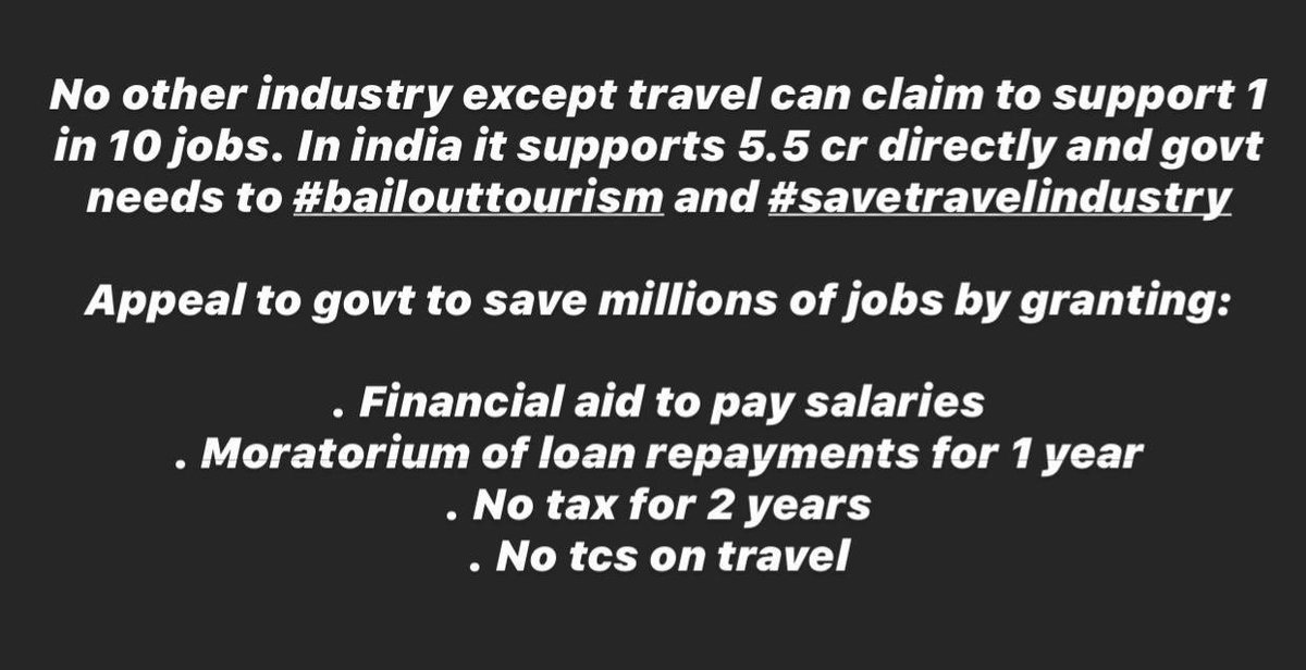 Tourism Industry in Crisis! 

#BailoutTourism &amp; #savetravelindustry <a href="/tourismgoi/">Ministry of Tourism</a> <a href="/nsitharaman/">Nirmala Sitharaman</a> <a href="/Anurag_Office/">Office of Mr. Anurag Thakur</a> <a href="/pspoffice/">Office of Shri Prahlad Singh Patel</a> <a href="/DasShaktikanta/">Shaktikanta Das</a> <a href="/sanjeevsanyal/">Sanjeev Sanyal</a> <a href="/amitabhk87/">Amitabh Kant</a> <a href="/OfficeOfNG/">Office Of Nitin Gadkari</a> <a href="/PiyushGoyal/">Piyush Goyal</a> <a href="/rsprasad/">Ravi Shankar Prasad</a> <a href="/minmsme/">Ministry of MSME</a> <a href="/derekobrienmp/">Derek O'Brien | ডেরেক ও'ব্রায়েন</a> <a href="/supriya_sule/">Supriya Sule</a> <a href="/DrJitendraSingh/">Dr Jitendra Singh</a> <a href="/cbic_india/">CBIC</a> <a href="/PMOIndia/">PMO India</a>