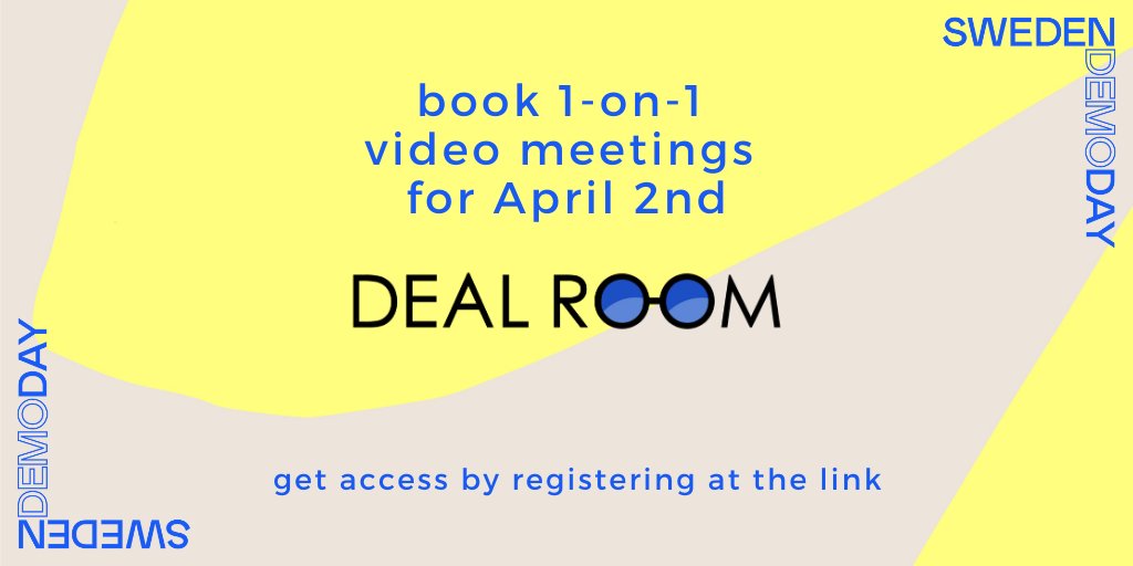 Are you a Startup, Investor or Corporate? <a href="/dealroomevents/">Deal Room Events</a> is open for scheduling video meetings for Apr2.
If you wish to be part of this covid-19 friendly version of #SwedenDemoDay, register now: startup-sweden.typeform.com/to/BWtoTQ