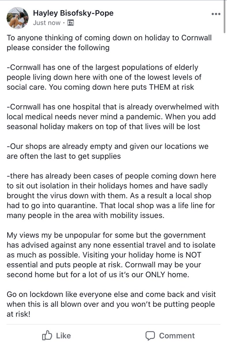 stovesincoves's tweet photo. @IanDunt please push the agenda of encouraging people to stay at home during Easter break. Many people using under resourced counties such as Cornwall as “isolation destinations”. Same thing happened when Madrid went on lock down and the virus spread exponentially https://t.co/CU6WaEphSw