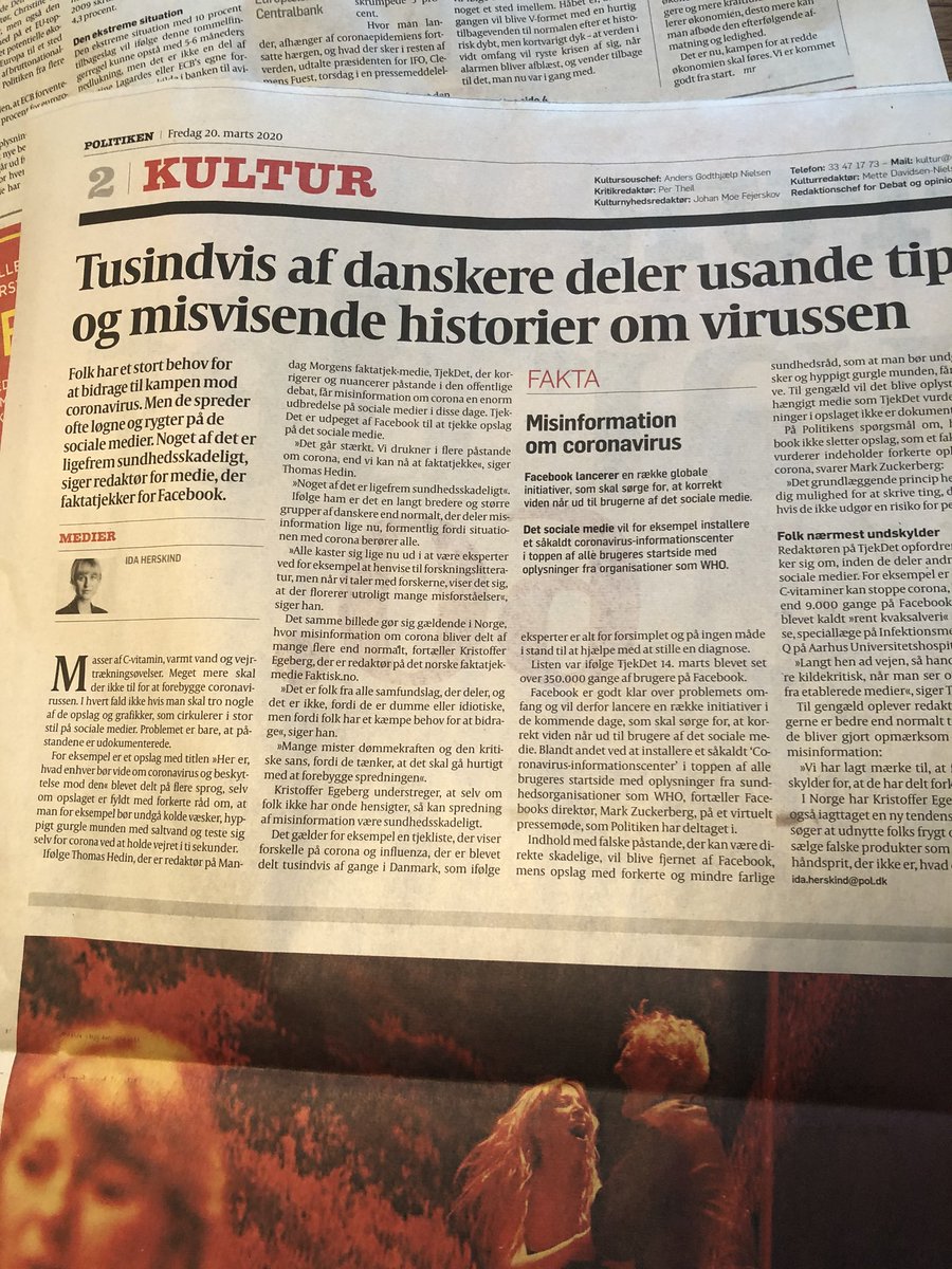 HansBGregersen's tweet photo. To sider i samme avis @politiken fredag den 20. Marts - artikel om løgne og rygter - og reklamefinansieret #FakeNews om #coronavirusdk https://t.co/Rz7CLqyw4S