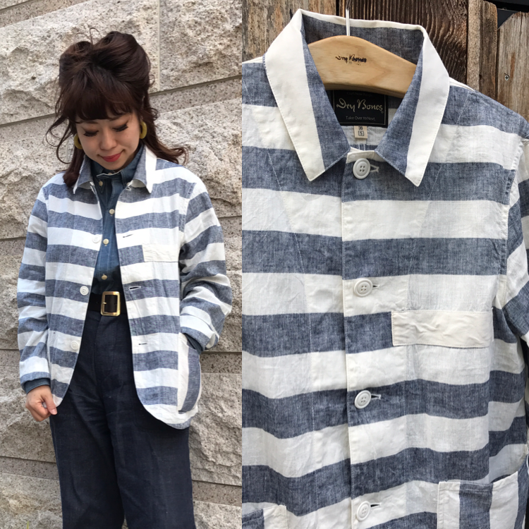 DryBones_Nagoya's tweet photo. 【Stripe Prisoner Jacket】

サラッとした麻混のコットン生地を使用したプリズナージャケットです。

太めのボーダーでインパクトあります。

#drybones
#ドライボーンズ
#ドライボーンズ名古屋
#プリズナージャケット
#prisonerjacket 
#囚人服
#denim
#アメカジ
#名古屋
#大須
#amekaji https://t.co/tmXDHekvqz