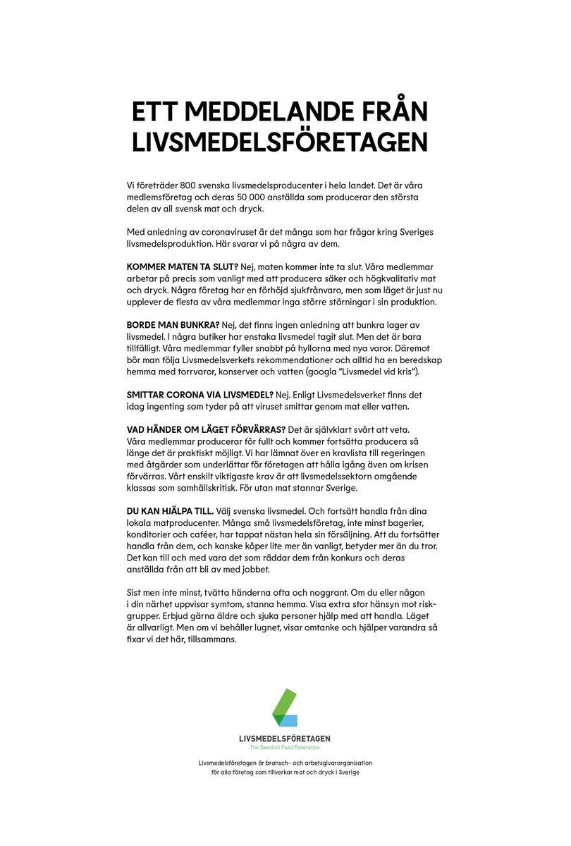 Våra 800 medlemmar och deras 50 000 anställda arbetar på för fullt med att producera världens bästa livsmedel. Men många bagerier, caféer och andra småproducenter har tappat hela försäljningen och hotas av konkurs. Så #fortsätthandla. Det betyder mer än du tror.
