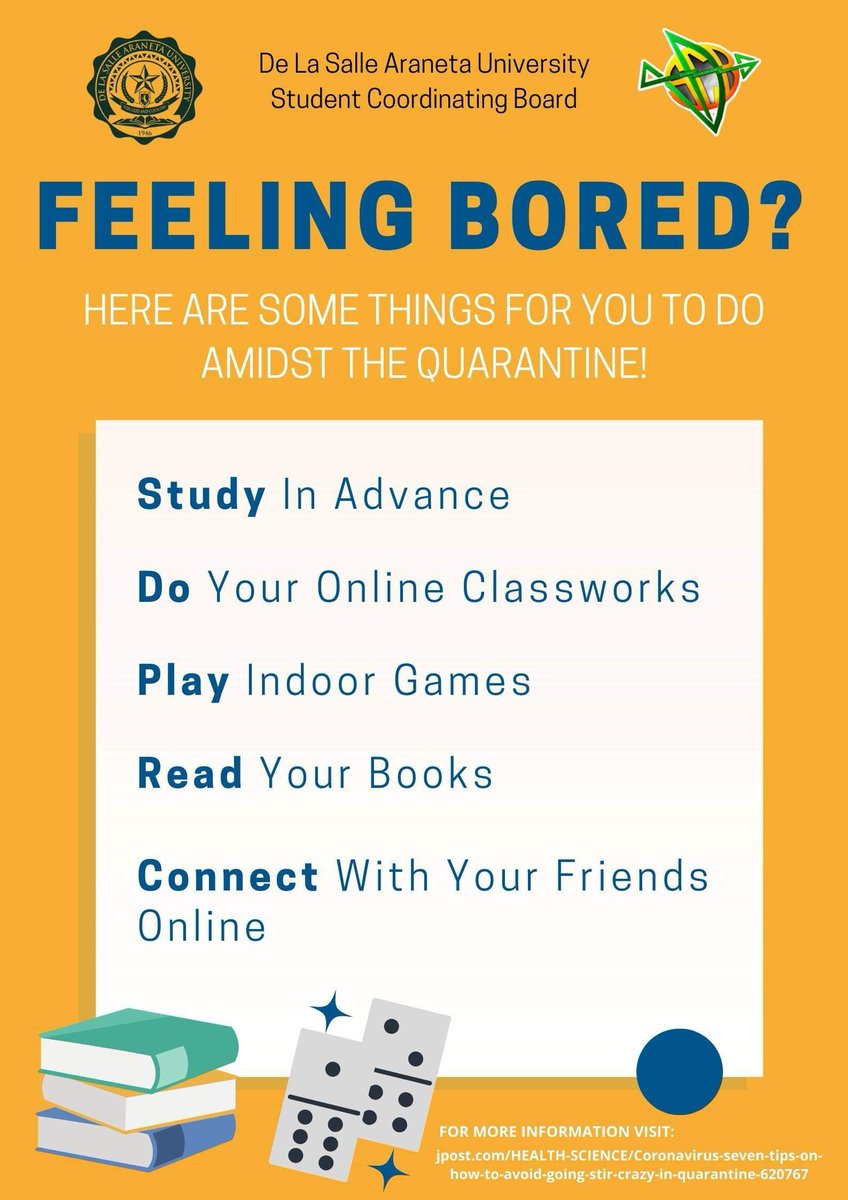 SCBspark's tweet photo. Lasallians! Is the community quarantine making you bored? Here are some things you can do amidst the quarantine! This crisis may be terrifying, but don't forget to do things that you enjoy to get the fun out of all the ongoing boredom. https://t.co/KykzYh1PdO