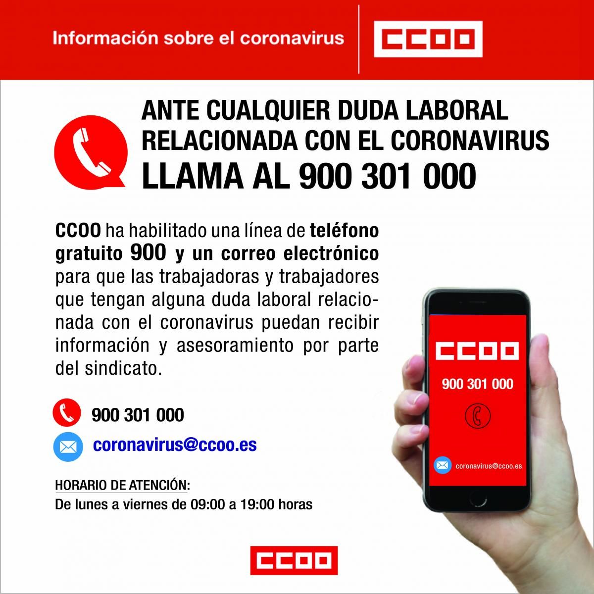 ccooserv_ext's tweet photo. Ante cualquier duda laboral relacionada con el #Covid_19 #cccoo
@ccoo_ext @FsCcoo_Ex @Tina_23tp https://t.co/ry41Go2nq7