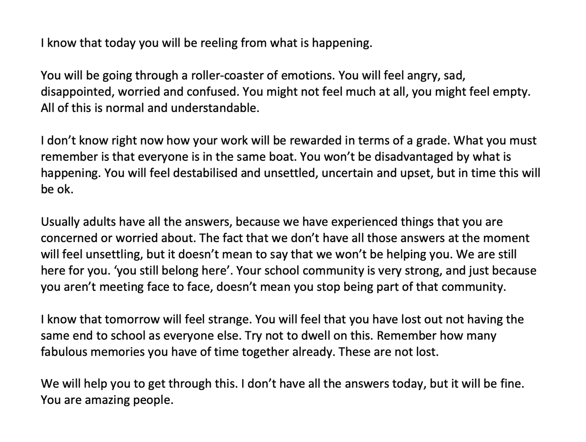 Today will be a day of deep emotion across schools and colleges. I feel so proud of the way leaders are talking to young people, reassuring them, preparing them for uncertain weeks, trying to give calm perspective. This extract from a Suffolk head's Year 11 assembly captures it: