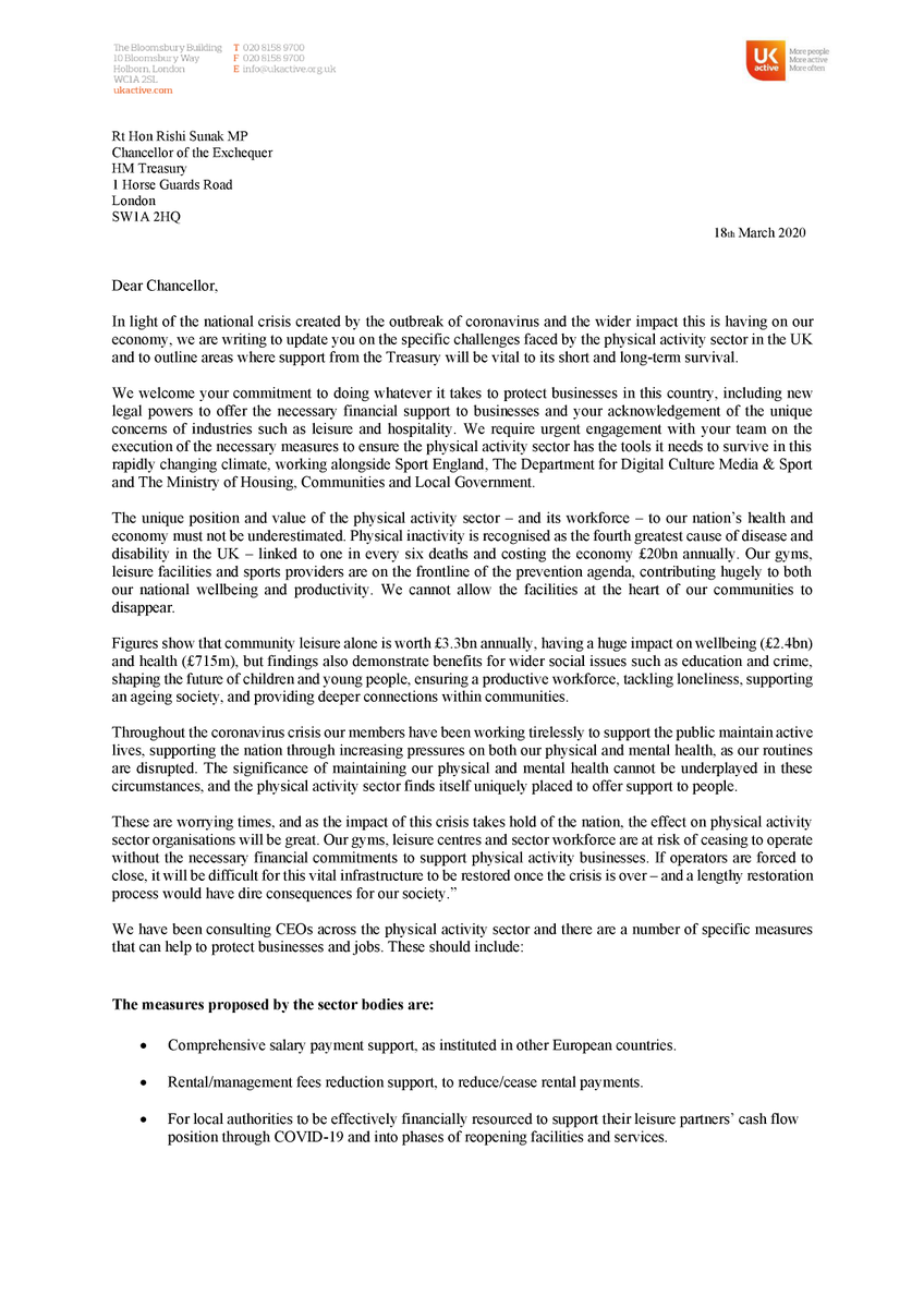 _ukactive's tweet photo. ukactive is working with @CommLeisureUK and @cimspa to ensure the physical activity sector receive additional support during the #COVID19 epidemic.

Read the letter we've written to Chancellor @RishiSunak to request additional measures to keep gyms and leisure facilities afloat. https://t.co/8I1h7VoYez