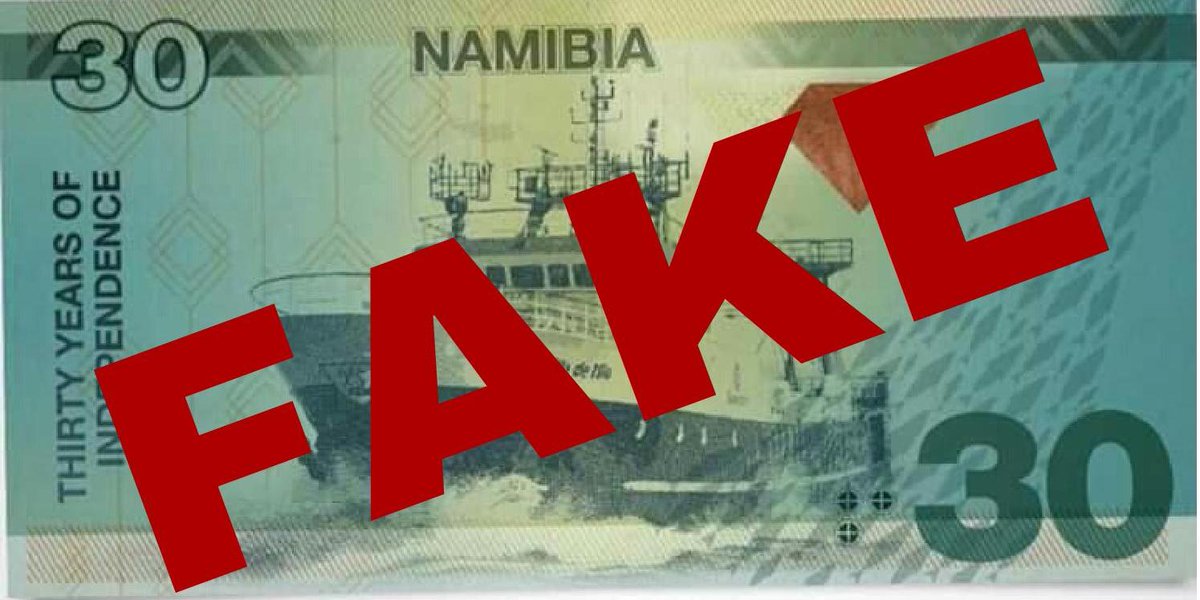 BankofNamibia's tweet photo. The #BankofNamibia warns the public against this image in circulation, depicting a #FAKE commemorative banknote. The note depicted here is not the product of the Bank and is not a legal tender in Namibia.
 
The official commemorative banknote will be launched tomorrow. https://t.co/bHmnV6vTMY