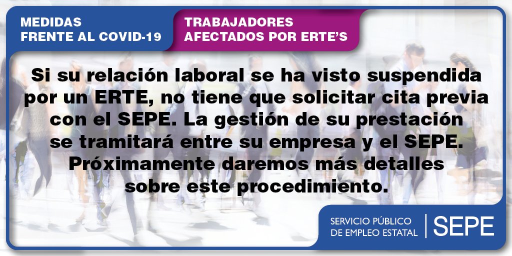 empleo_SEPE's tweet photo. ‼️Te recordamos que si tu relación laboral se ha visto suspendida por un ERTE, no tienes que solicitar cita previa con el SEPE . La gestión de tu #prestación se tramitará entre tu empresa y el #SEPE. Próximamente daremos más detalles sobre este procedimiento https://t.co/aJ2Ex7j9U0