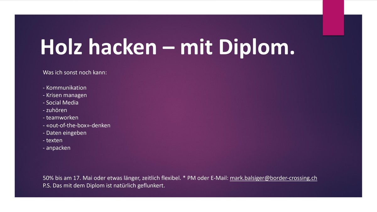 Mark_Balsiger's tweet image. #followerpower - Bis am 17. Mai hätte ich 50% meiner Arbeitszeit in die Bekämpfung der #Kündigungsinitiative investiert – pro bono. Die Abstimmung wurde abgesagt, folglich habe plötzlich viel Zeit. Suche Job. Ob bezahlt od. nicht, kommt auf die Situation des Auftraggebers an.