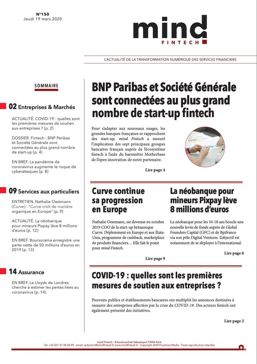 A lire cette semaine dans l'hebdo n°150, bouclé en confinement 👇
mindfintech.fr/letter/150/
Baromètre exclusif <a href="/motherbase_ai/">Motherbase</a>  des relations banques-startup / Entretien avec <a href="/imaginecurve/">Curve</a> / Levée de <a href="/pixpay_app/">PixPay</a> / #COVID19 : les mesures de soutien aux entreprises