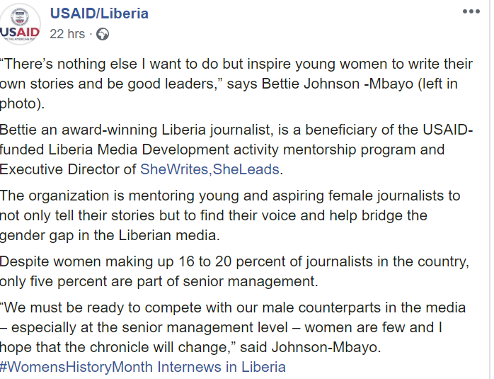 BJMbayo's tweet photo. I am happy to be recognized by @USAIDLiberia
Thanks so much @Internews
#journalism
#WomensHistoryMonth
#womenempowerment
#IWD2020
#SWSL https://t.co/u9zAkIs0Ur