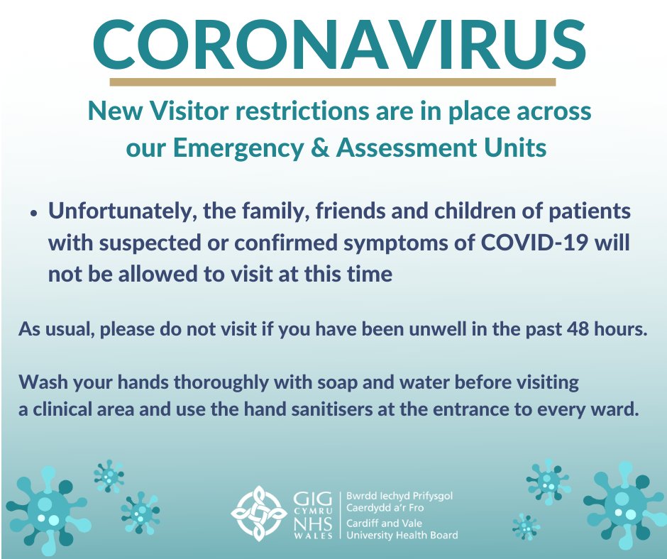 New visitor restrictions are in place across our Emergency and Assessment Units to help prevent the spread of #coronavirus. We would ask family, friends and children of individuals with suspected or confirmed symptoms of COVID-19 not to visit at this time. Thanks for your support