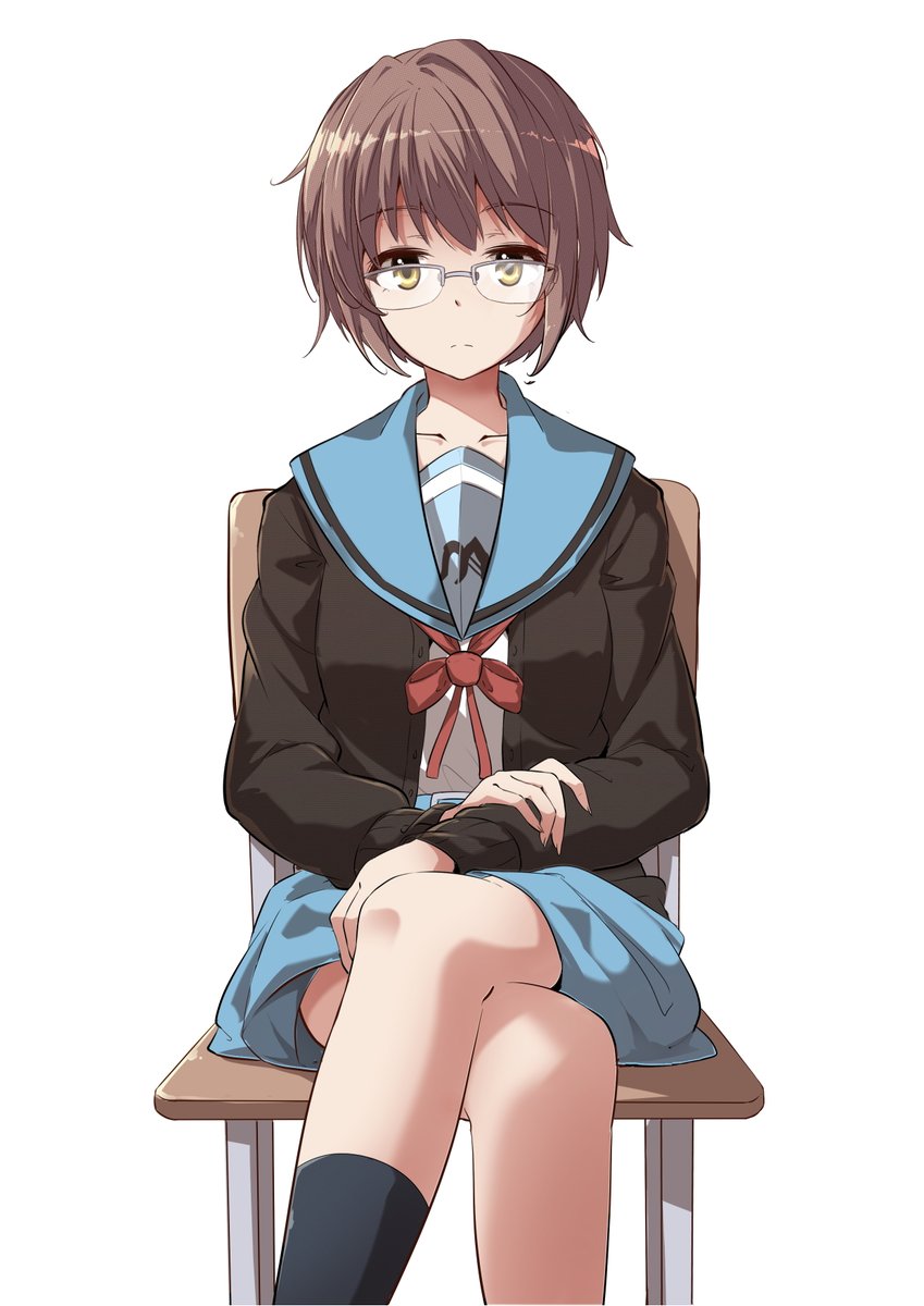 nagato yuki 1girl solo glasses short hair kita high school uniform sailor collar school uniform  illustration images