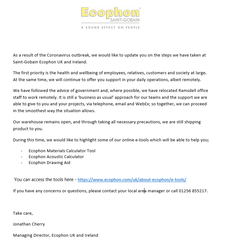 EcophonUK's tweet photo. As a result of the Coronavirus outbreak, we would like to update you on the steps we have taken at Saint-Gobain Ecophon UK and Ireland.

Contact the team: https://t.co/47990bQFVL
E-tools: https://t.co/eBUcmCEEvj https://t.co/Vge4vmffqy