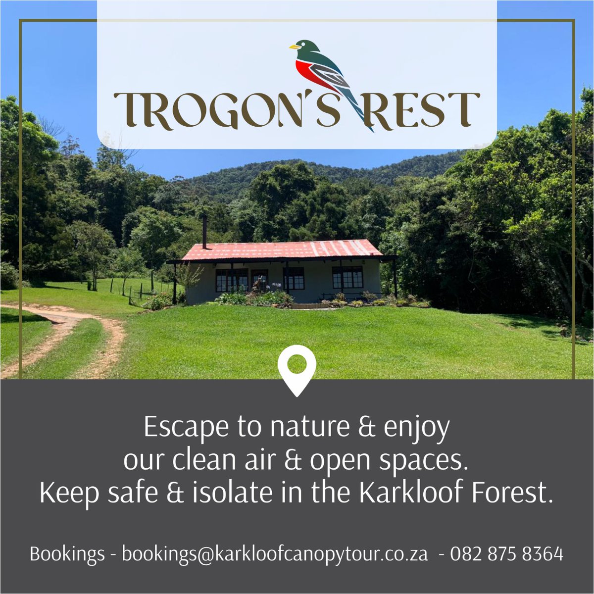 Trogon's Rest offers a secluded self-catering cottage in the Karkloof Forest ... an opportunity to get away from the city, to spend time alone or with your family.