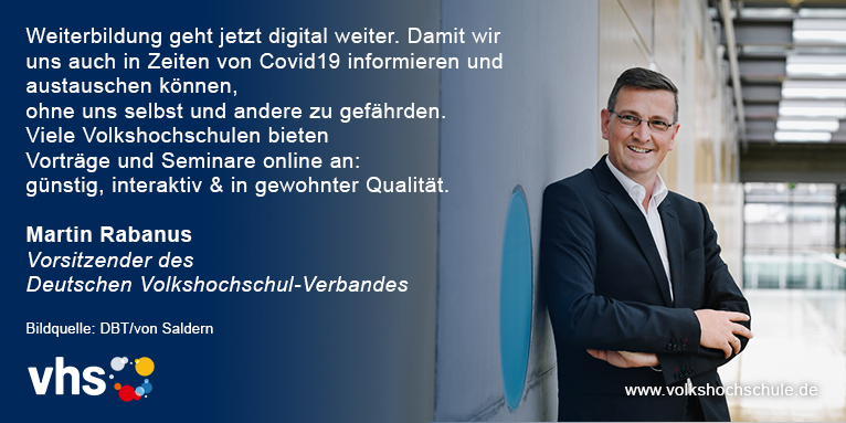 Deutscher Volkshochschul-Verband (DVV) (@vhs_dachverband) on Twitter photo Statement von <a href="/MartinRabanus/">Martin Rabanus</a>, #DVV-Vorsitzender, zu den #digital|en Lernangeboten der #Volkshochschule|n in Zeiten von #Covid_19 #coronavirusdeutschland #Coronakrise! Den Online-Katalog bundesweiter, digitaler #vhs-Angebote findet Ihr hier➡️vhs.link/kc3RGN #wissenteilen Statement von <a href="/MartinRabanus/">Martin Rabanus</a>, #DVV-Vorsitzender, zu den #digital|en Lernangeboten der #Volkshochschule|n in Zeiten von #Covid_19 #coronavirusdeutschland #Coronakrise! Den Online-Katalog bundesweiter, digitaler #vhs-Angebote findet Ihr hier➡️vhs.link/kc3RGN #wissenteilen