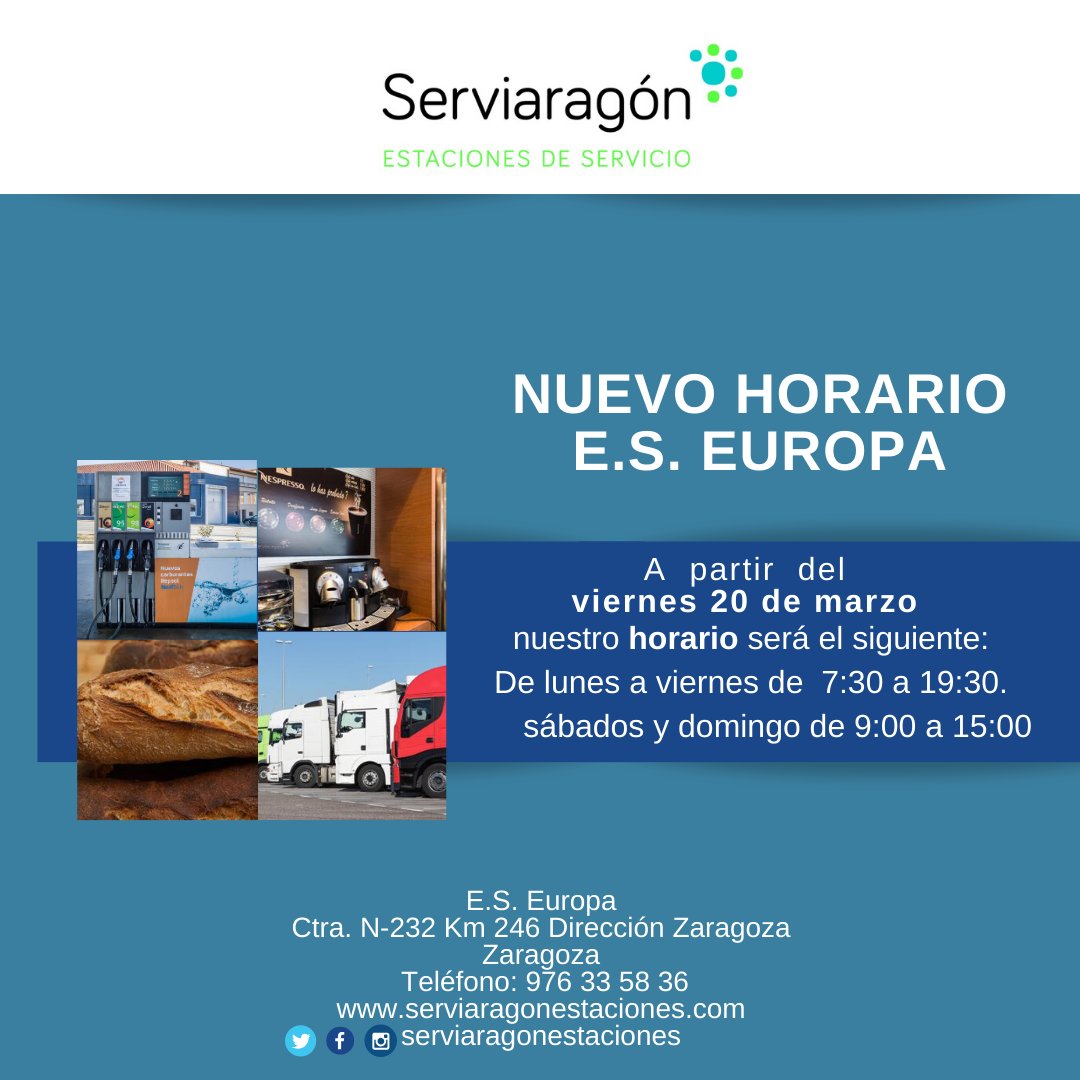 #nuevohorario 🕣 A partir del viernes 20 de marzo el horario de nuestra estación de servicio de Europa será:
De lunes a viernes de 7:30 a 19:30.
sábados y domingo de 9:00 a 15:00
domingo cerrado
E.S. Europa
Ctra. N-232 Km 246 Dirección Zaragoza
Zaragoza
Teléfono: 976 33 58 36