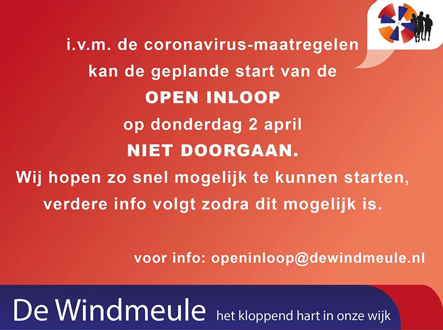 DeWindmeule's tweet photo. Helaas kan de geplande opening van de Open Inloop op 2 april bij gemeenschapshuis de Windmeule niet doorgaan. https://t.co/xswJjUbo42