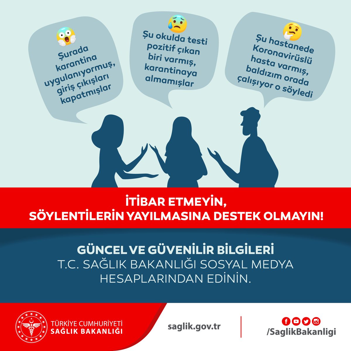 Koronavirüs ile ilgili güncel ve güvenilir bilgiyi; Sağlık Bakanlığı'nın internet ve sosyal medya hesaplarından edinin.