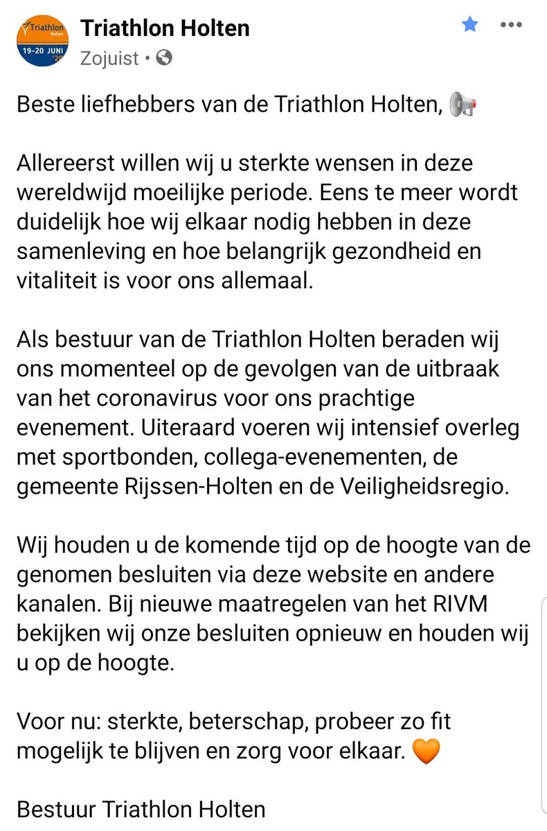 Uiteindelijk is ieders gezindheid het grootste goed. Daarom onderhouden we goede contacten met <a href="/triathlonNL/">Triathlon Bond (NTB)</a> , <a href="/gmrijssenholten/">Gemeente Rijssen-Holten</a> en <a href="/VRT_Twente/">Veiligheidsregio Twente</a> . 

Blijf veilig, blijf gezond. #coronavirusNederland #Triathlonholten #triho20