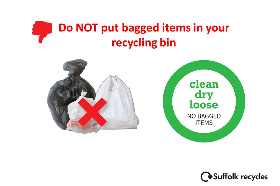 Please make sure not to put bagged items into your recycling bin in Ipswich. Please put your recycling in Clean, Dry &amp; Loose. Thanks