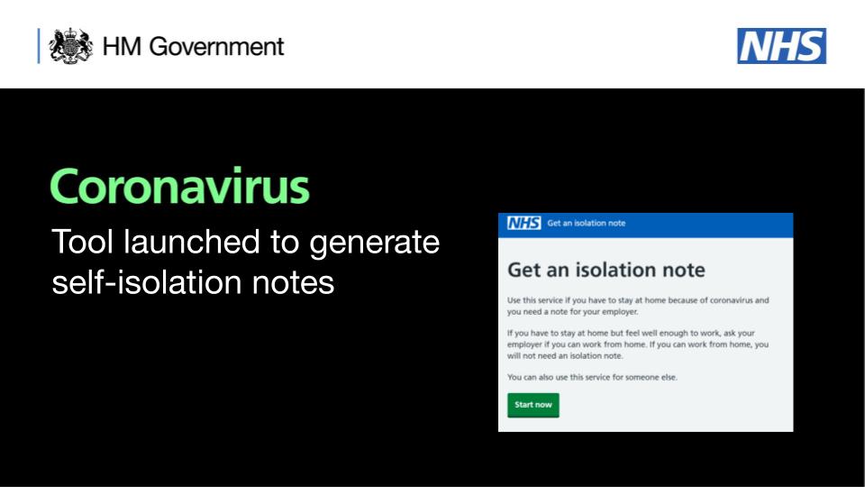 New online tool launched to generate isolation notes 📝

If you're advised to self-isolate, you can now obtain a note to send to your employer. Access via the NHS app or online:
▶️ 111.nhs.uk/isolation-note/

❌ Do not visit your GP, pharmacy or hospital if you are self-isolating